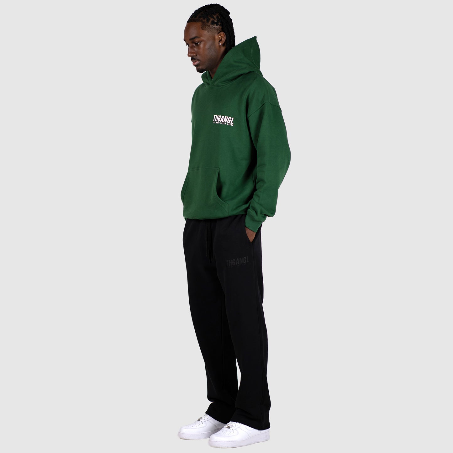 THGANGL Premium Weight Pullover Relaxed Fit Hoody - Dark Green/White